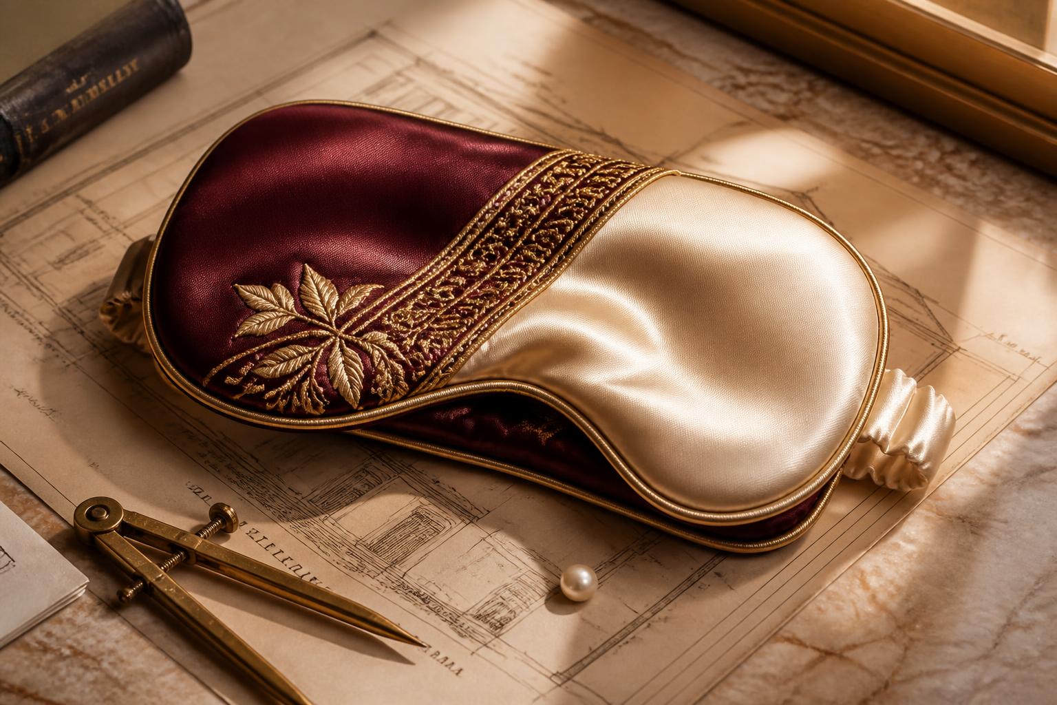 A burgundy and ivory silk blindfold with gold embroidery resting on an architect's blueprint beside brass dividers and a pearl