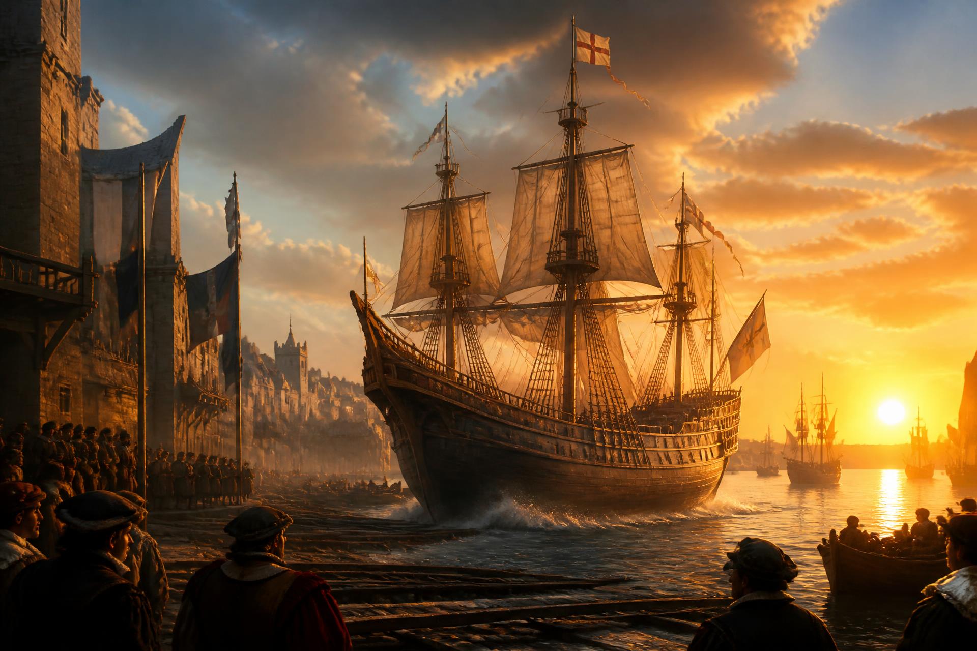 A newly built tall ship launching from a 1500s English harbour at sunrise while guild members watch from the quay