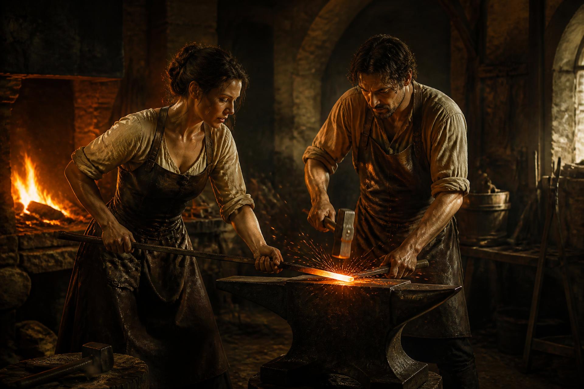 A woman and a man working an anvil together in a 1500s forge, sparks flying from hot steel