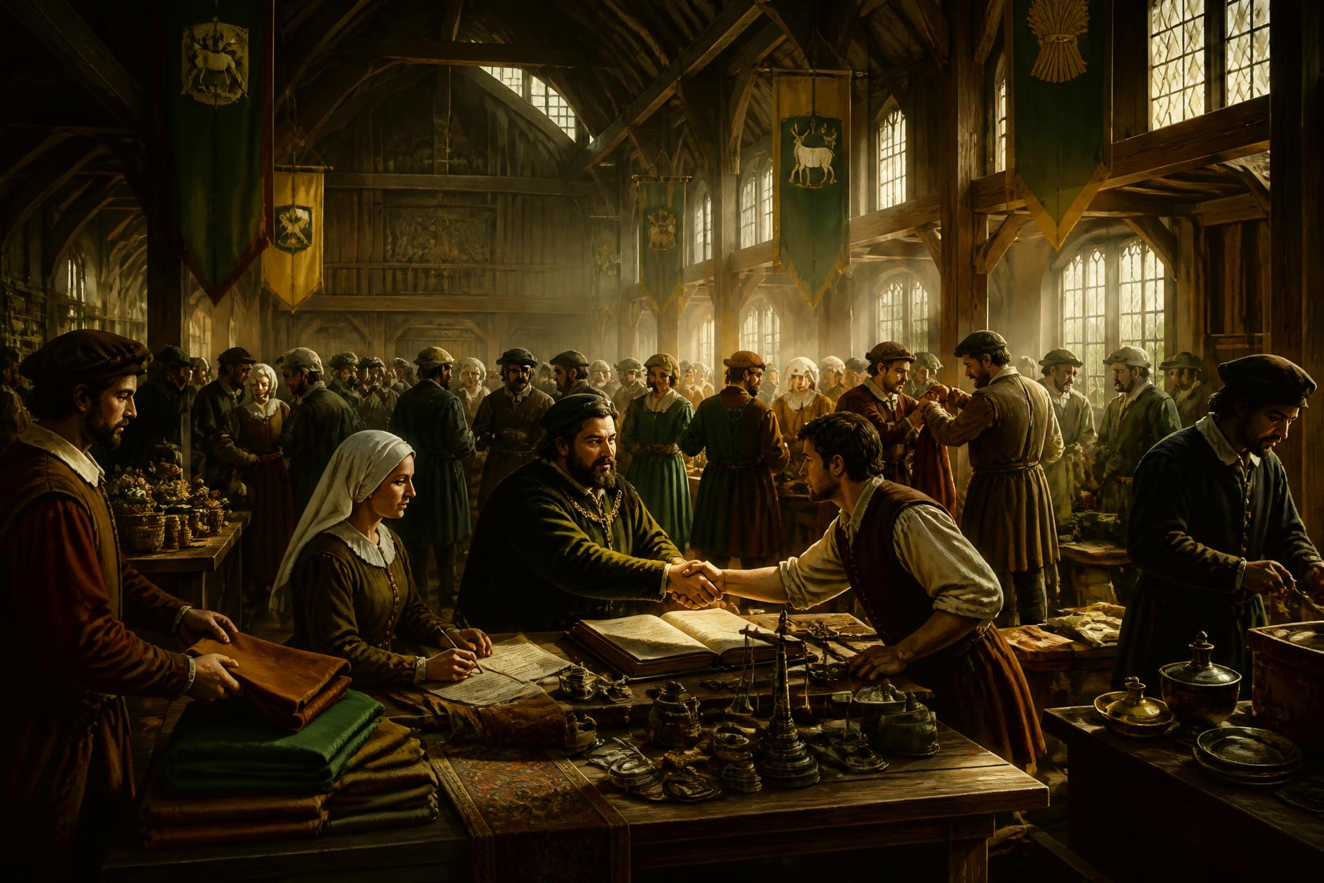 A busy 1500s English guild hall with tradespeople shaking hands over ledgers, seals and scales