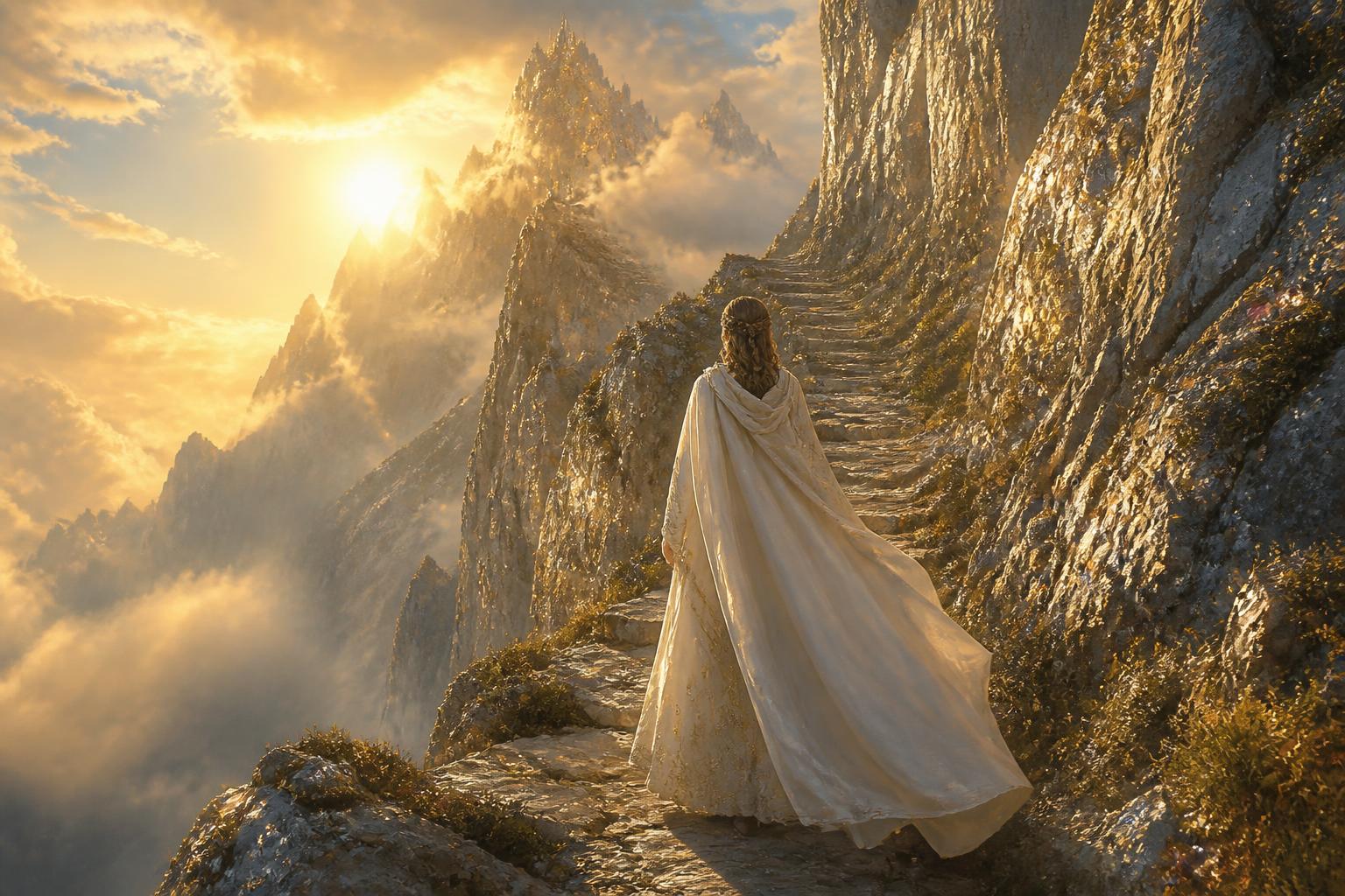 A woman in an ivory cloak climbing a narrow stone path up a misty mountain at golden dawn