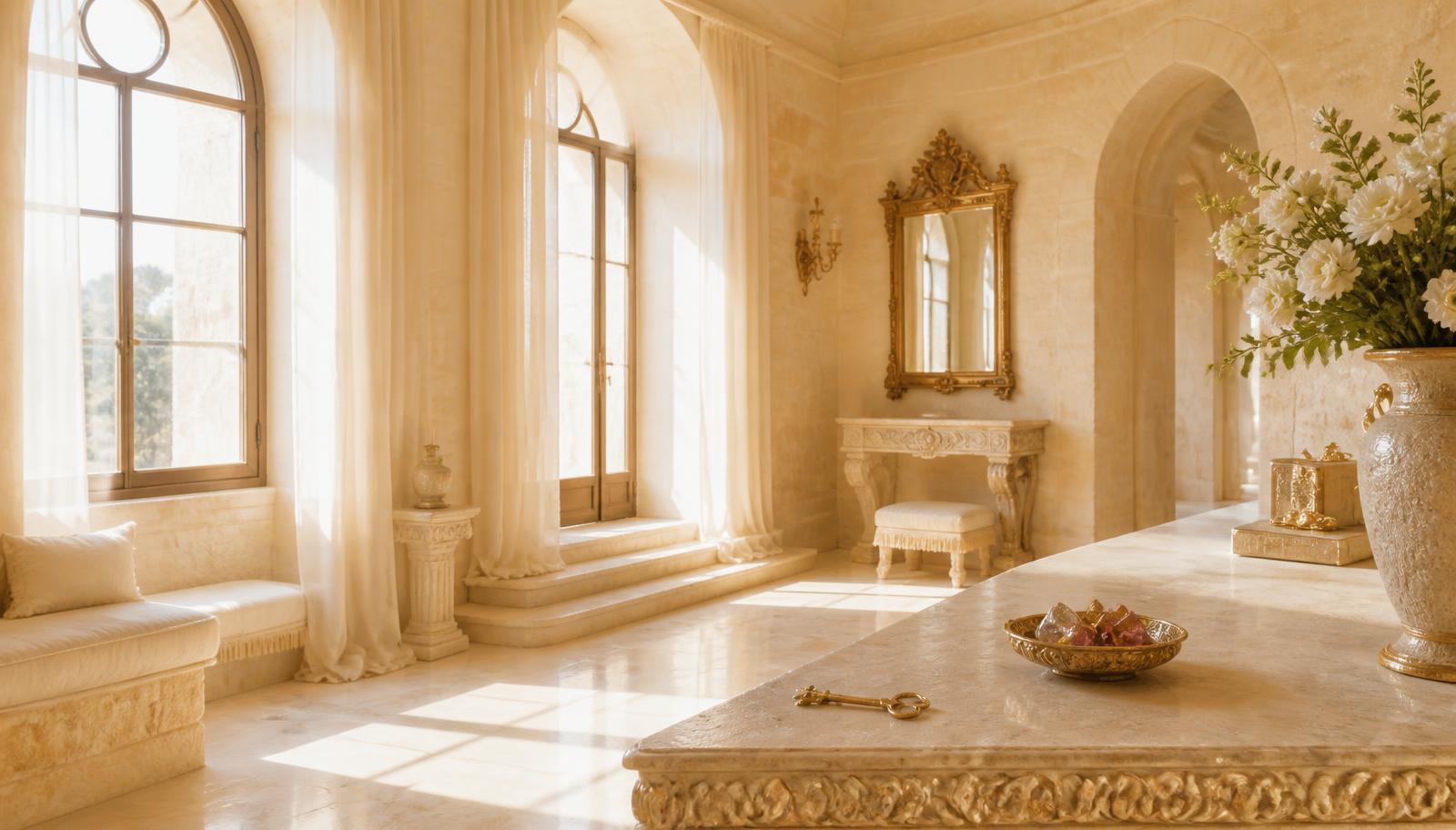A sunlit stone room in the castle with a key resting on a marble table