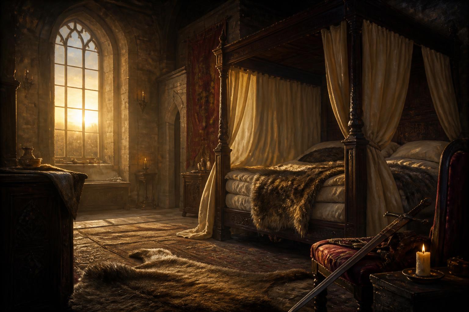 A lord's stone bedchamber at dawn, a high oak bed stacked with mattresses and furs, a sword on the chair