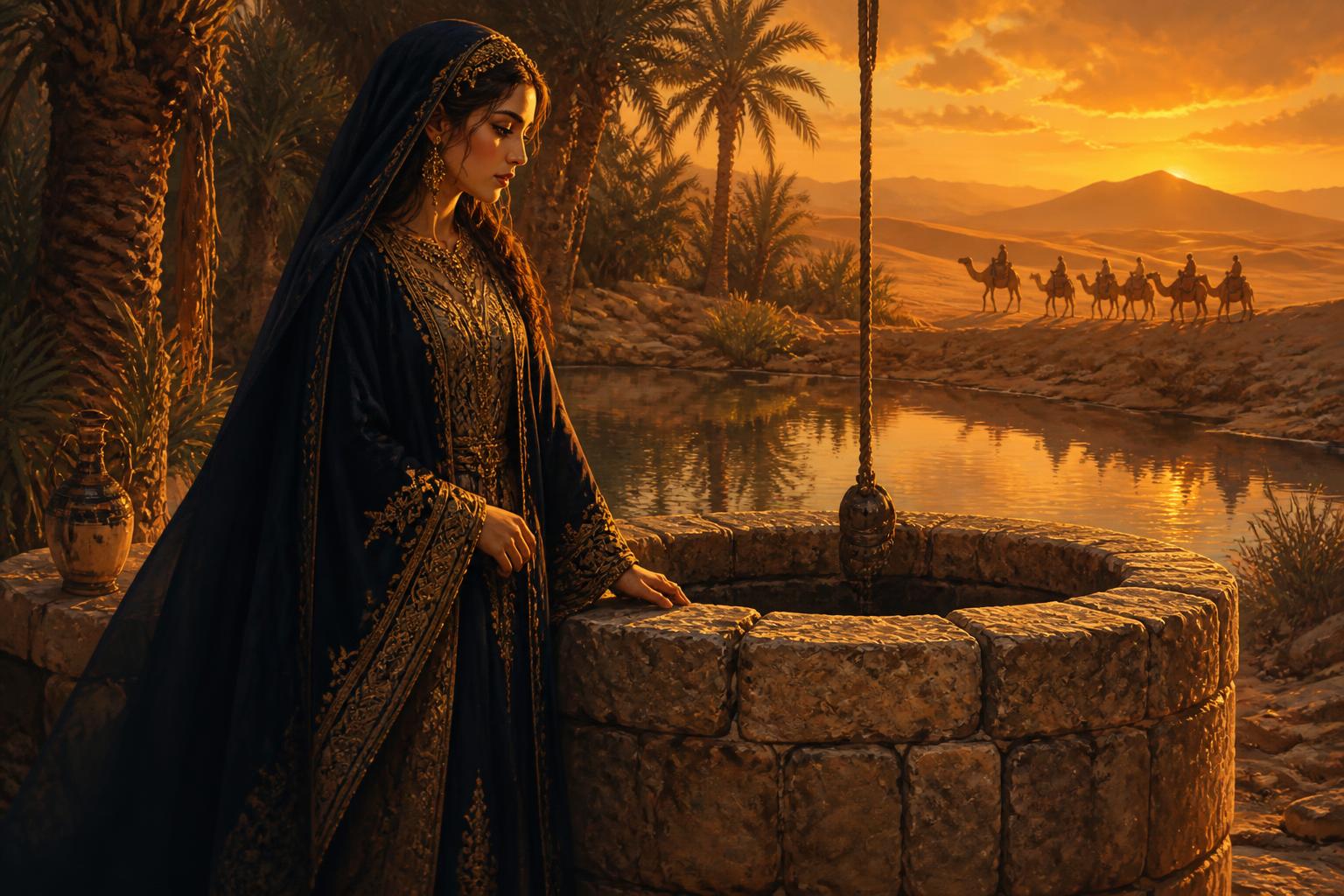 A woman in indigo and gold desert robes standing beside an ancient stone well at an oasis, a caravan crossing the dunes behind her at golden hour