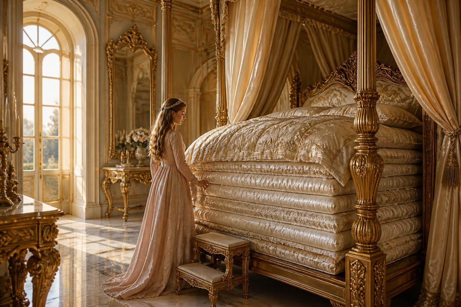 A grand royal bedchamber at dawn with a very high bed stacked with mattresses