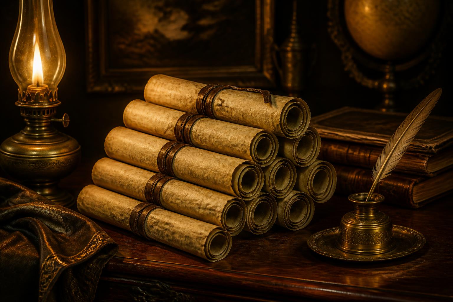 Ten aged parchment scrolls tied with leather cord on a walnut desk beside a brass oil lamp, ledger and quill